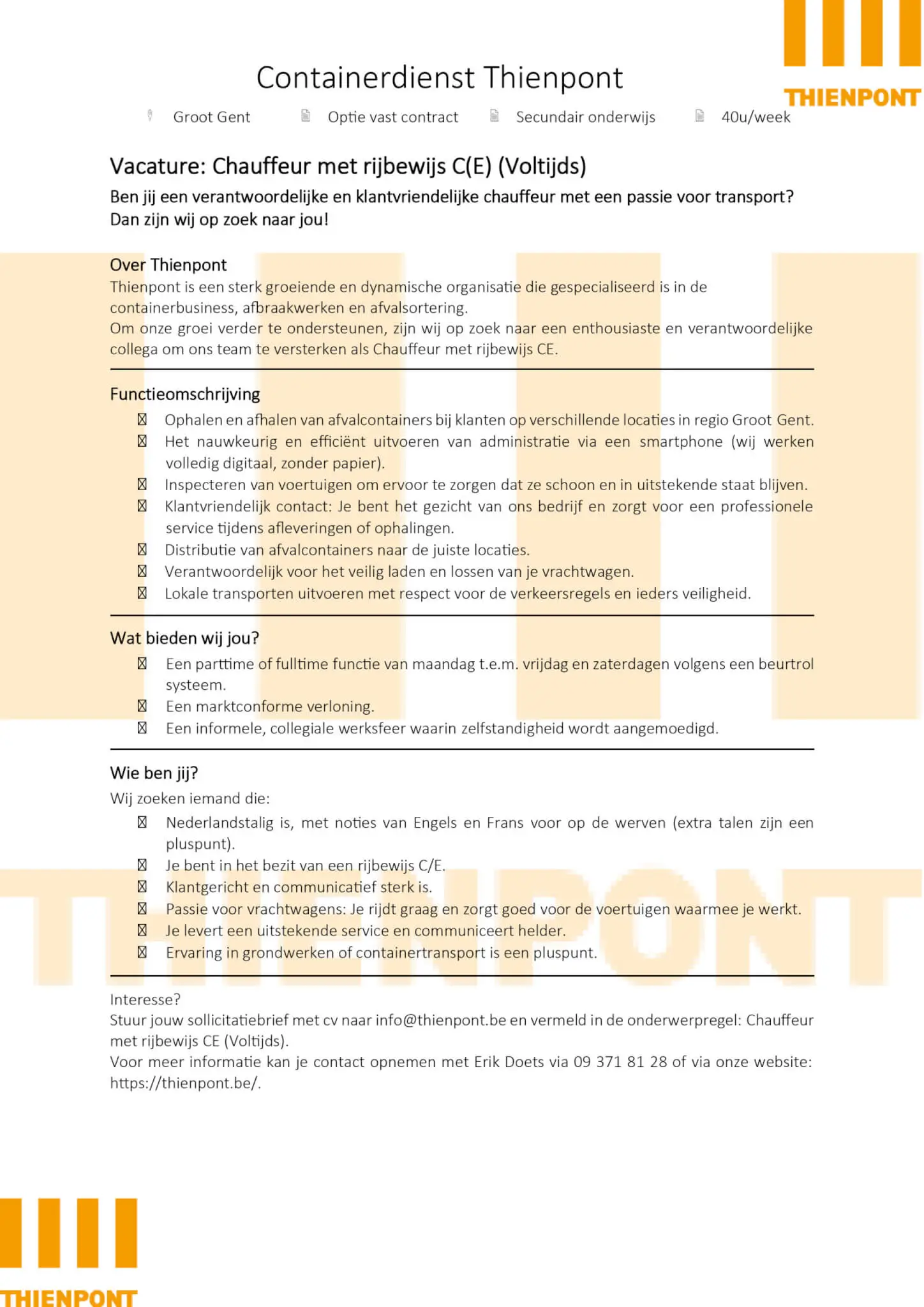 Vacature chauffeur CE bij Containerdienst Thienpont